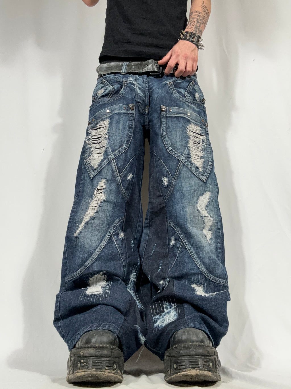 Baggy Flared Distressed Repair Jeans