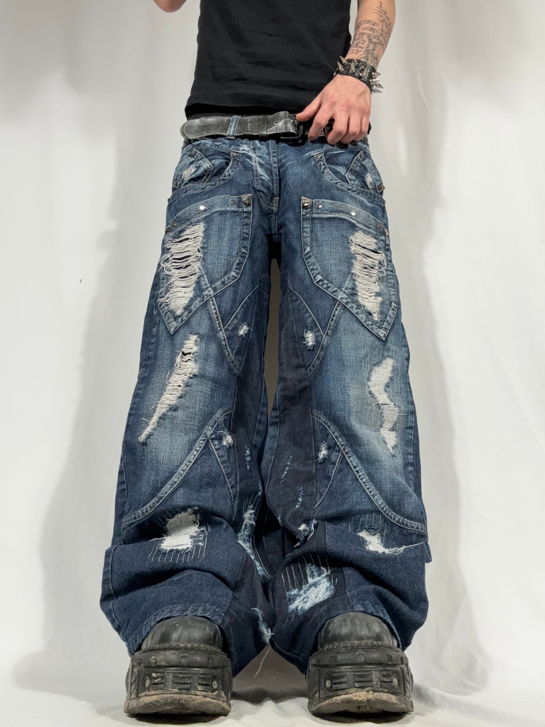 Baggy Flared Distressed Repair Jeans