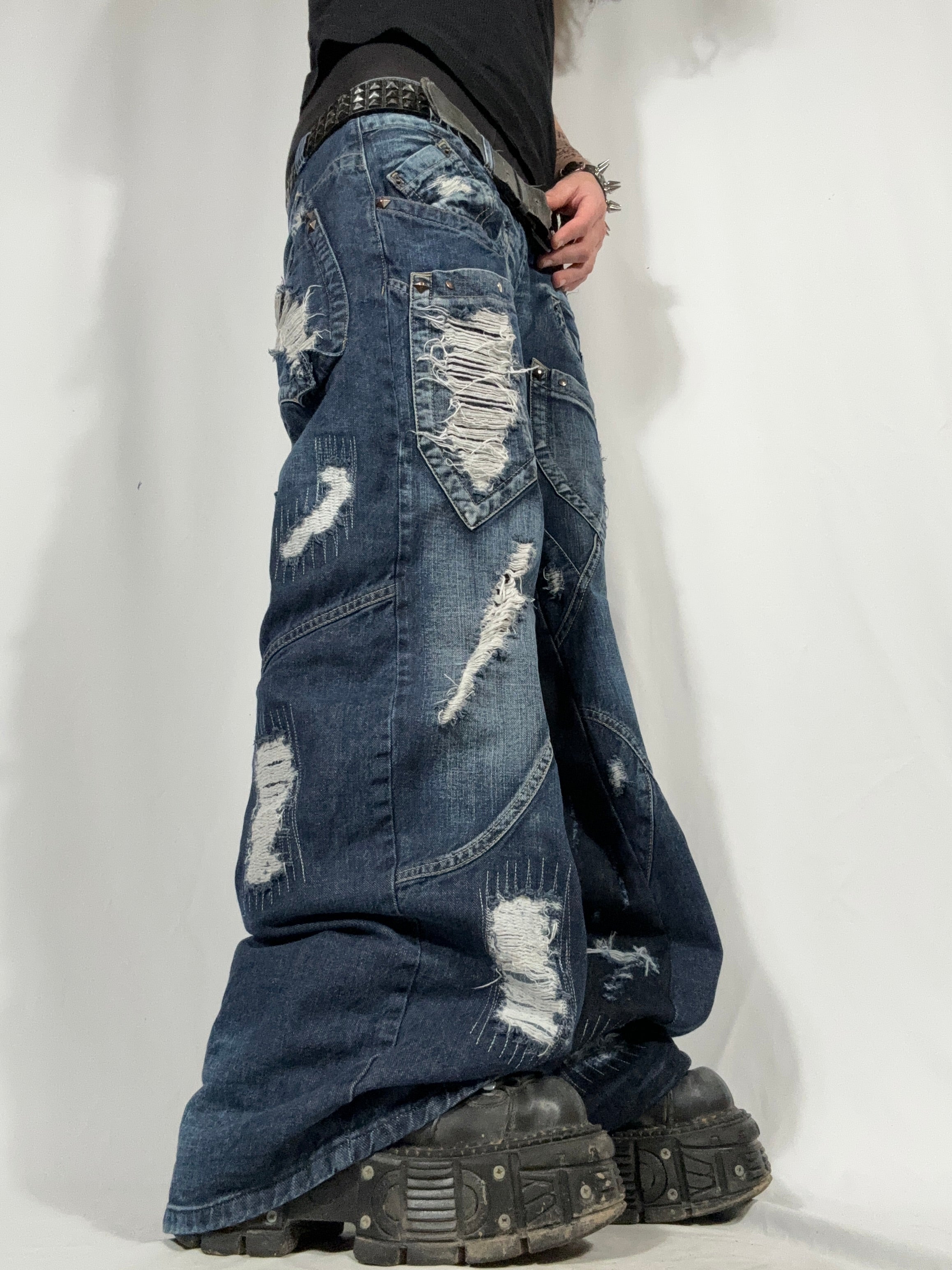Baggy Flared Distressed Repair Jeans